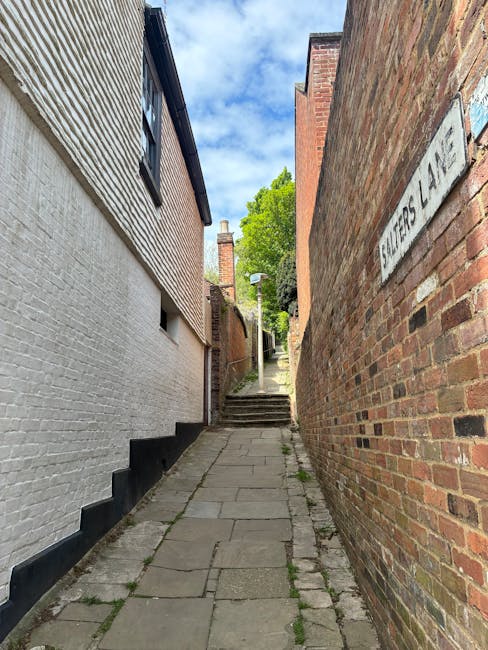 A narrow residential alleyway on George Lane in South Woodford, showing paved concrete steps leading uphill between tall brick and white-painted houses. On the right side, a brick wall with a street sign reading 'FALLERS LANE' is visible. The left side features a white building with small, rectangular windows and a black external drainpipe running vertically down the wall. The alley is illuminated by natural daylight, with a streetlamp positioned on the upper part near the steps and some greenery visible at the top of the incline. This setting illustrates a typical challenging access route for home relocations involving narrow stairs and restricted space, where professional removals, such as those by Man with Van South Woodford, would carefully navigate furniture and boxes along such pathways as part of their furniture transport and packing and moving services.