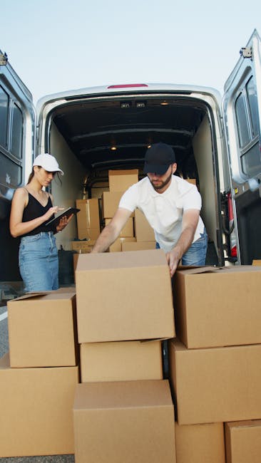 Two removal personnel from Man with Van South Woodford are engaged in loading a van for house relocation on South Woodford's High Road. One person, wearing a white shirt and black cap, is carefully li